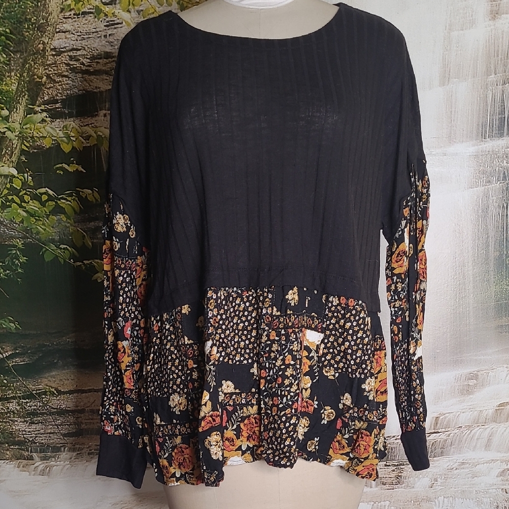 Maurices Womens 3X Black floral warm tones patchwork long sleeve blouse top